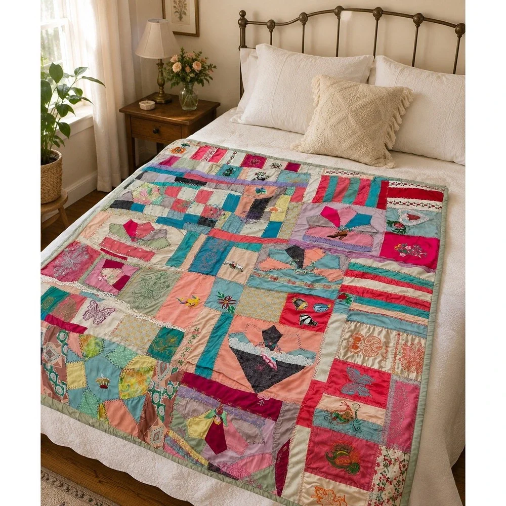 Vintage Handmade Crazy Quilt Embroidered Patchwork Quilt Cottagecore 46x55